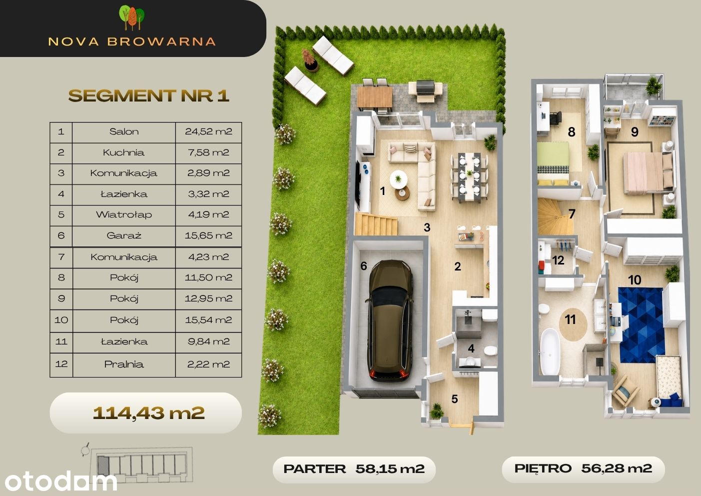 Segment nr 1 — 114,43 m² · parter i piętro